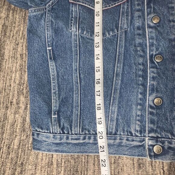 VTG Tommy Hilfiger Womens Size Large Button Front Denim Jacket Blue Hidden Hood - Picture 7 of 9